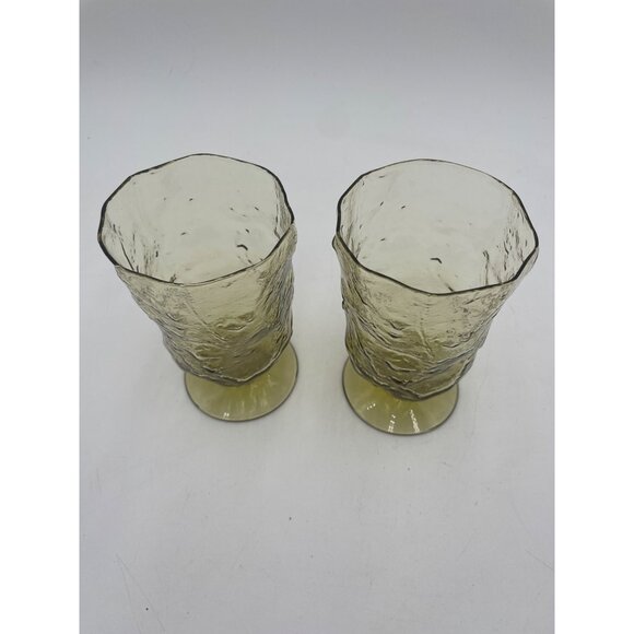 Set Of 2 Vintage Textured Morgantown Crinkle Green Yellow Glass Goblets/Footed T - Picture 2 of 3